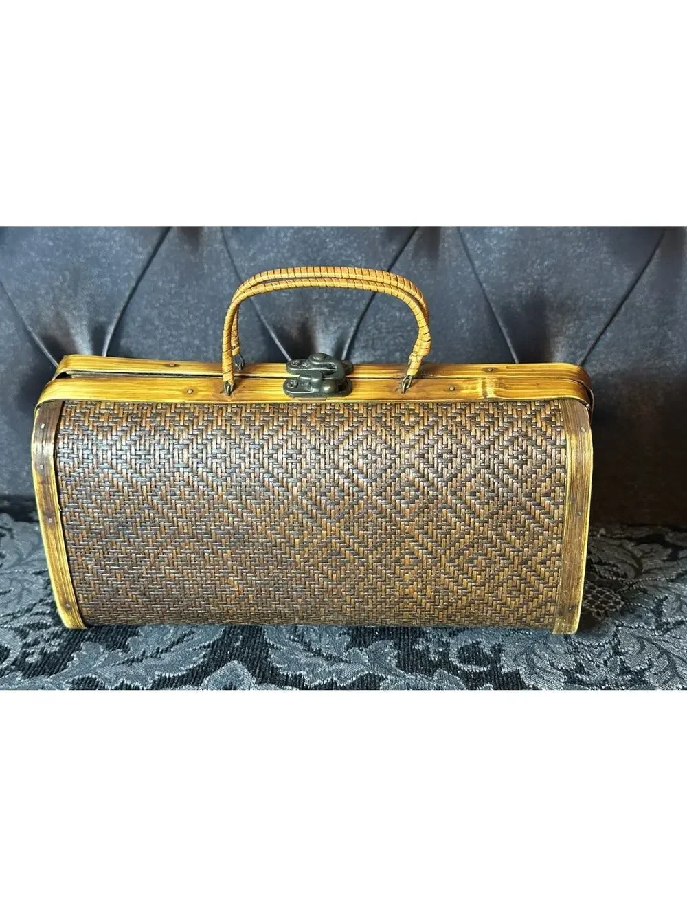 Vintage Hard Wood Shell Woven Brown Purse Hand Bag Ethnic Handmade Boho Coastal